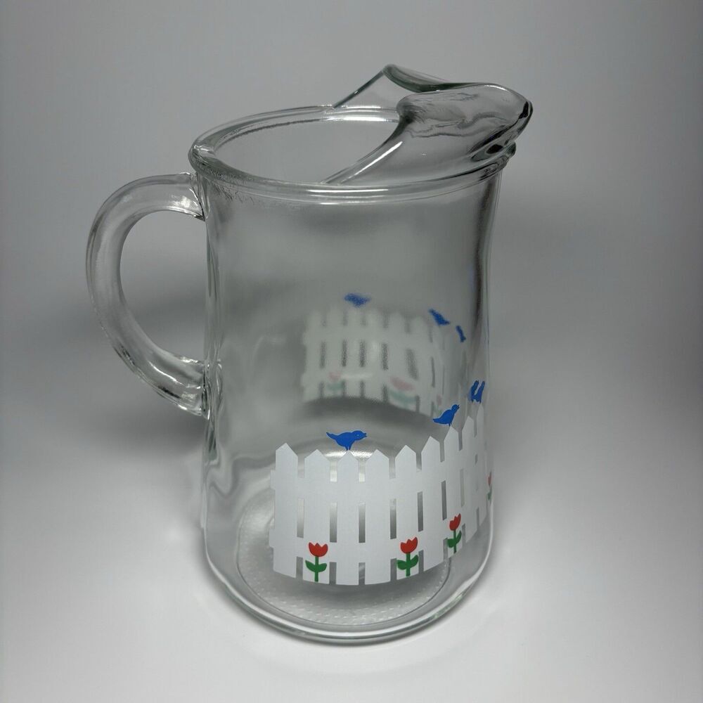 Libbey White Fence Blue Birds Red Flowers Clear Glass Pitcher 64 oz Cottagecore